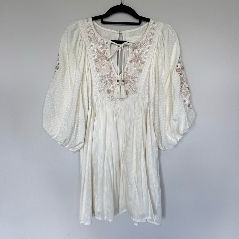 Anthropologie Cream and Brown Embroidered Bohemian balloon sleeve dress XS - Picture 3 of 17